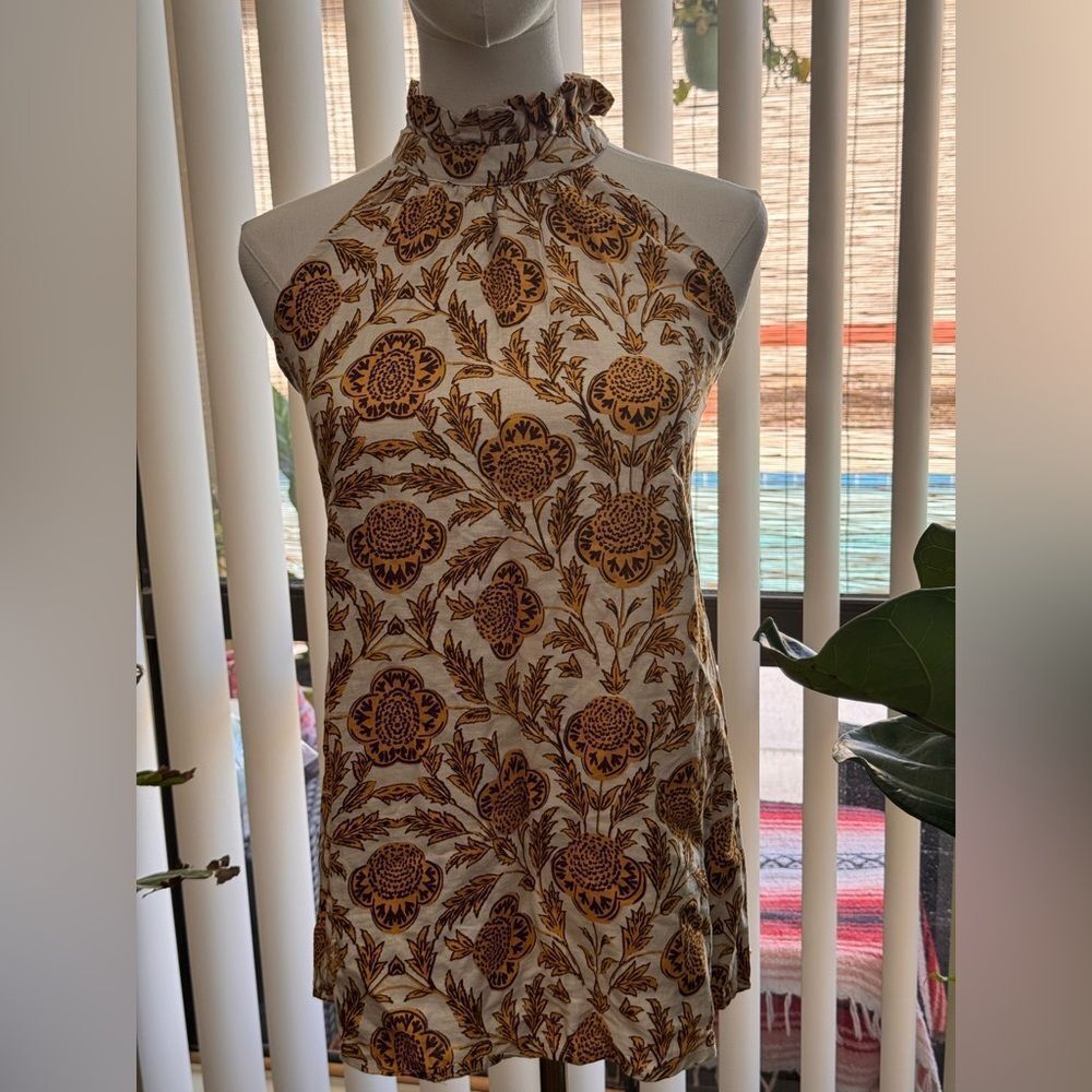 Nicole Miller NY Cream & Golden Yellow Floral Ruffle Mock Neck Halter Top - SM